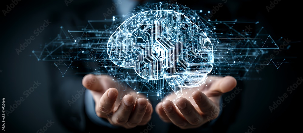 Fototapeta premium Digital Brain: The essence of innovation takes form as a luminous, digital brain hovers between cupped hands, a visual symphony of science and technology in a mesmerizing composition.