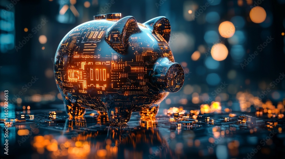 Futuristic Piggy Bank with Digital Circuit Design in Vibrant Colors