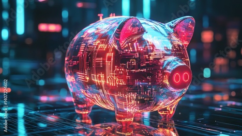 Modern Piggy Bank with Futuristic Technology and Neon Lighting Effects
