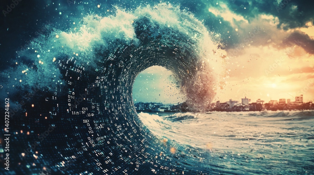 Dynamic Ocean Wave Surging with Digital Elements at Sunset