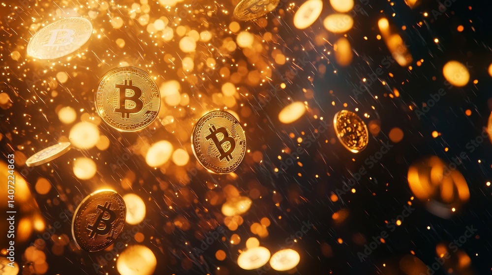 Dynamic Bitcoin Coins Falling Through a Digital Golden Background