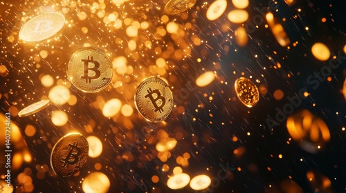 Dynamic Bitcoin Coins Falling Through a Digital Golden Background