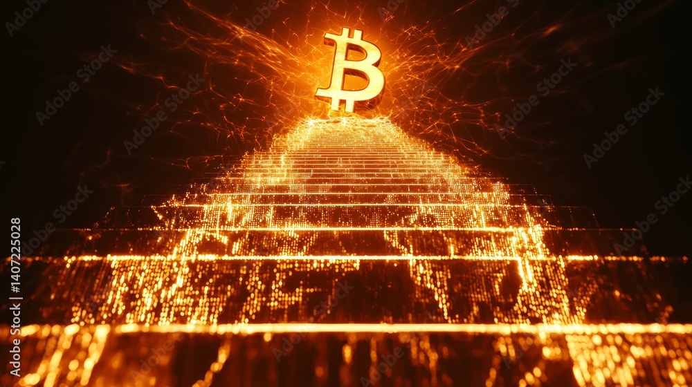 Dynamic Bitcoin Pyramid with Vibrant Sparks and Glowing Visuals