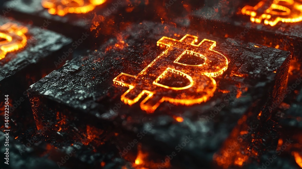 Dynamic Bitcoin Logo in Fiery Background with Textured Surface