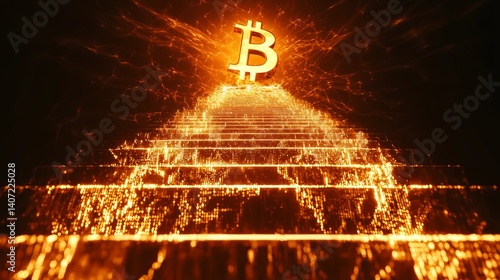 Obraz na płótnie Dynamic Bitcoin Pyramid with Vibrant Sparks and Glowing Visuals w salonie