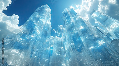A crystalline city of ice towers piercing a vibrant blue sky.