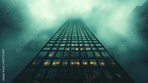A towering skyscraper pierces a thick, teal-hued fog at night.