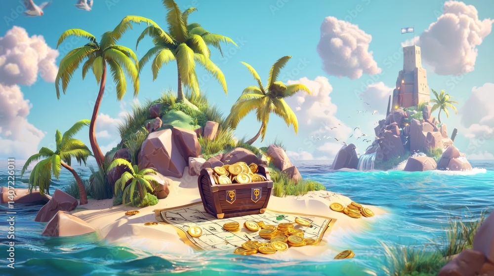 Treasure Island Adventure with Palm Trees and Treasure Chest Scene