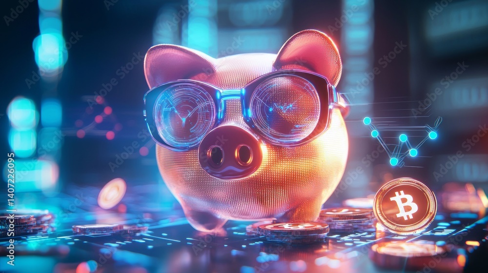 Futuristic Piggy Bank with Glasses and Digital Currencies Concept