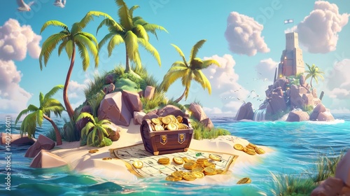 Treasure Island Adventure with Palm Trees and Treasure Chest Scene