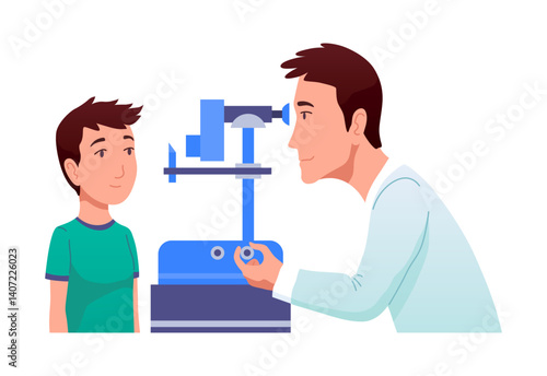Eyesight diagnostics. Optometrist checking kid eyesight with spectacles medical equipment. Ophthalmologist doctor examining eyesight vision of patient