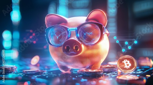 Obraz na płótnie Futuristic Piggy Bank with Glasses and Digital Currencies Concept w salonie