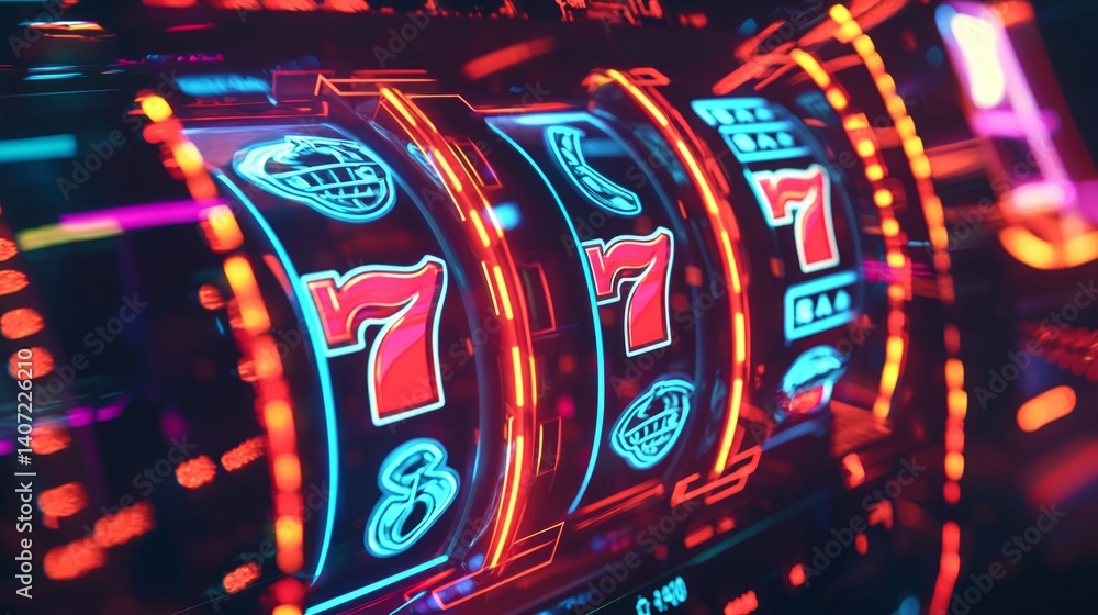 Vibrant Neon Slot Machine with Spinning Reels and Lucky Sevens