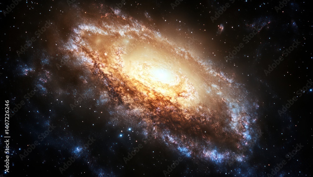 Fototapeta premium Spiral galaxy with bright center and swirling arms against a dark background.