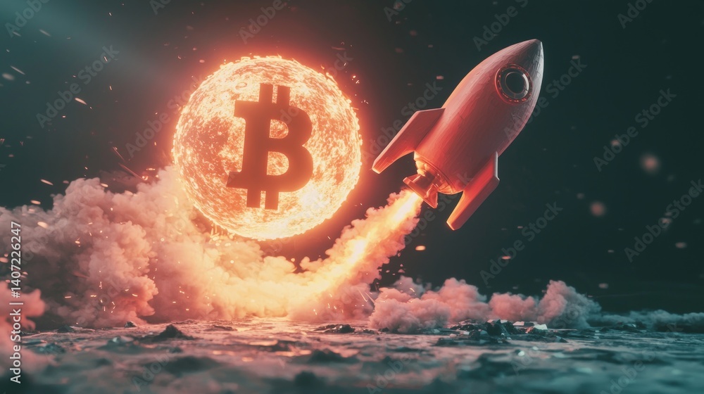 Rocket Launching Toward Bitcoin Symbol in a Cosmic Environment