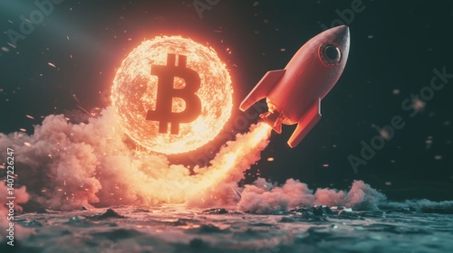 Obraz na płótnie Rocket Launching Toward Bitcoin Symbol in a Cosmic Environment w salonie