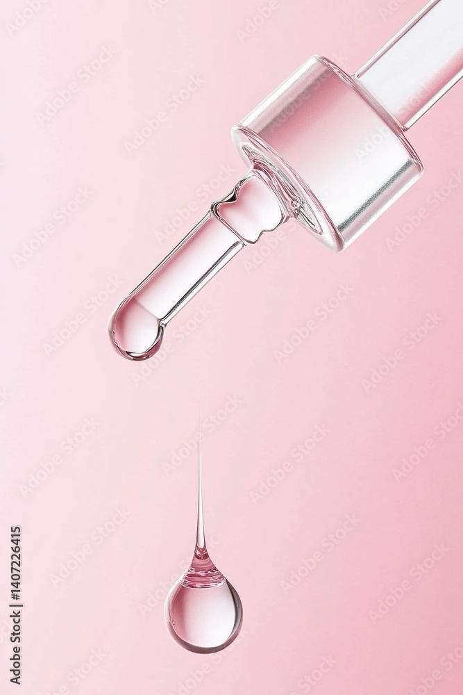 Una pipetta che rilascia una goccia di siero rosa Una pipetta che rilascia una goccia di siero rosa