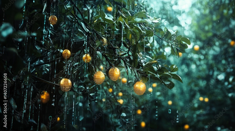 Surreal Depiction of Luminous Orbs Amidst Dense Greenery
