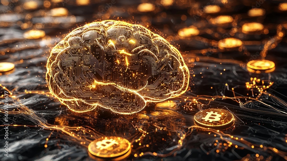 Surreal Brain Design with Glowing Connections and Digital Coins