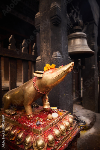 Golden rat buddhist statue in a temple from Thamel Durbar Square; Kathmandu, ...