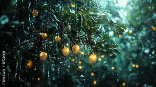 Obraz na płótnie Surreal Depiction of Luminous Orbs Amidst Dense Greenery w salonie