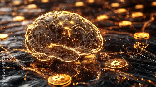 Obraz na płótnie Surreal Brain Design with Glowing Connections and Digital Coins w salonie