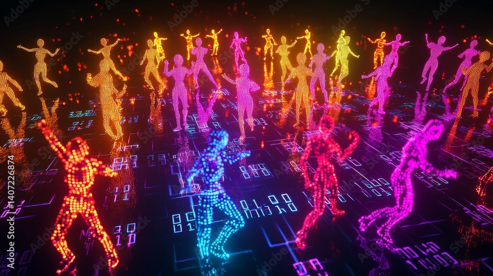 Vibrant Energetic Dance Festival with Colorful Neon Figures