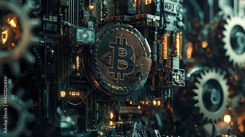 Intricate Bitcoin Cryptocurrency Artwork with Gears and Circuits