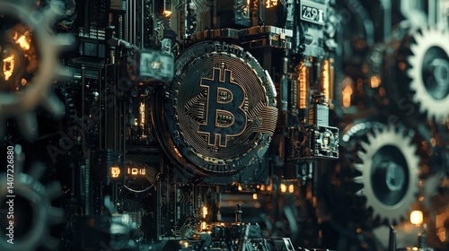 Obraz na płótnie Intricate Bitcoin Cryptocurrency Artwork with Gears and Circuits w salonie