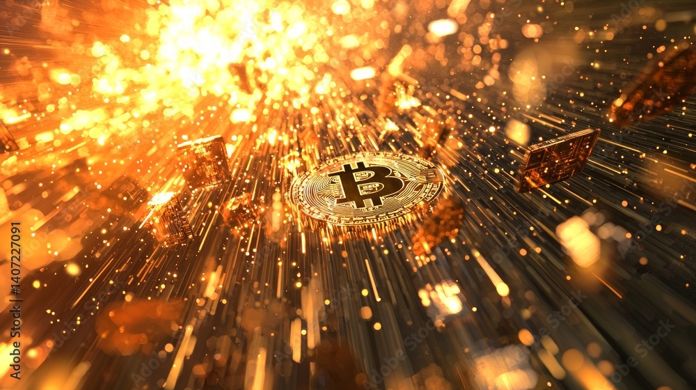 Abstract Bitcoin Explosion with Glowing Sparks and Light Rays