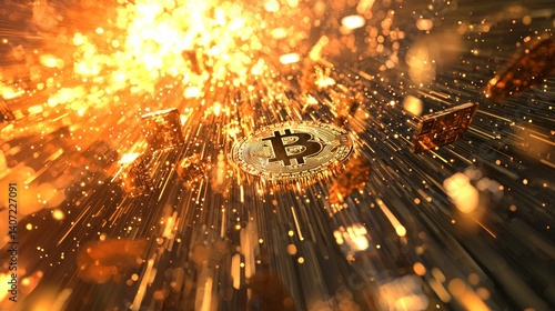 Obraz na płótnie Abstract Bitcoin Explosion with Glowing Sparks and Light Rays w salonie