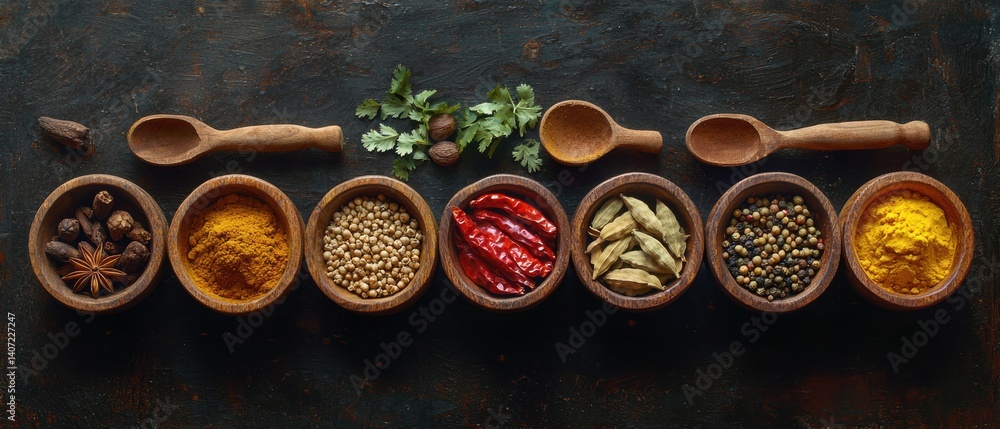 Assorted spices arranged in wooden bowls on textured dark slate