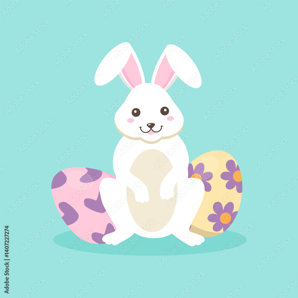 Cute white Easter bunny vector illustration sitting with decorated eggs on a light blue background. Happy spring holiday design. Cute white Easter bunny vector illustration sitting with decorated eggs on a light blue background. Happy spring holiday design.