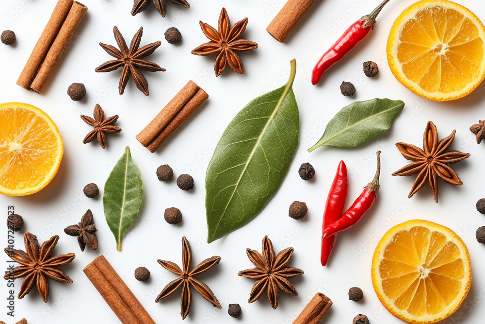 Flying spices Bay leaf, red chili pepper, anise, cinnamon sticks isolated on a white background. pattern. Flying spices Bay leaf, red chili pepper, anise, cinnamon sticks isolated on a white background. pattern.