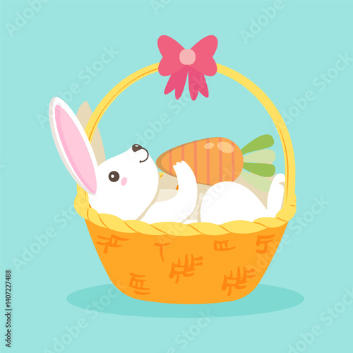 Cute Easter bunny relaxing in a basket with a carrot. Festive spring vector illustration for holiday themes.