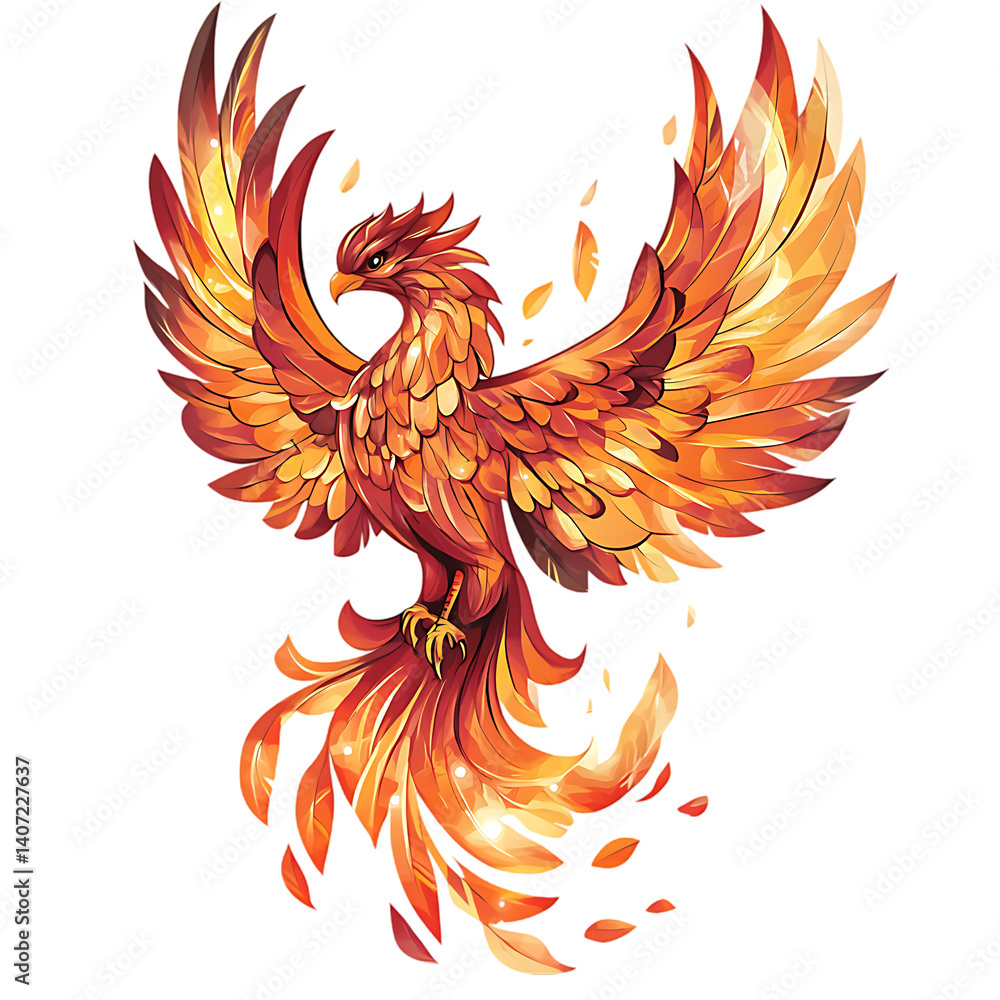Fototapeta premium A vibrant illustration of a phoenix, engulfed in flames, capturing its mythical nature and powerful imagery.