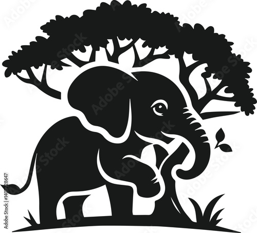 Elephant with tree vector animal silhouette