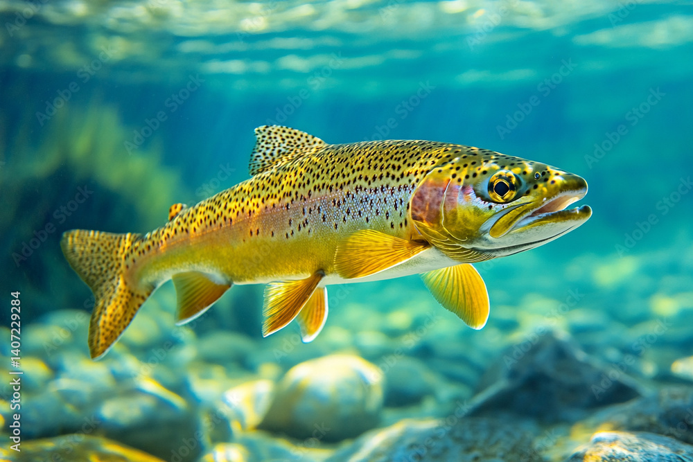 The rainbow trout (Oncorhynchus mykiss) in the lake.The rainbow trout (Oncorhynchus mykiss) in the lake.Trout in the green water of a mountain lake. Big brown trout swimming in blue green water The rainbow trout (Oncorhynchus mykiss) in the lake.The rainbow trout (Oncorhynchus mykiss) in the lake.Trout in the green water of a mountain lake. Big brown trout swimming in blue green water