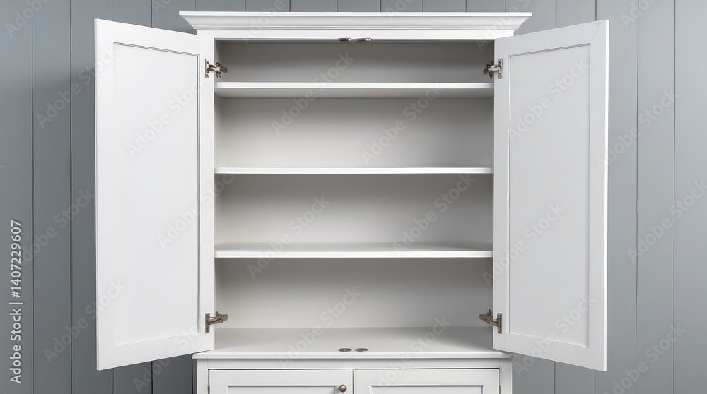 Mockup of an open white cabinet showcasing empty shelves. Shelves designed for product display, clean white cabinet, light grey wall paint, white wood. Vertical image. Mockup of an open white cabinet showcasing empty shelves. Shelves designed for product display, clean white cabinet, light grey wall paint, white wood. Vertical image.