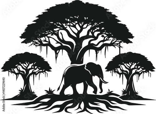 Elephant with tree vector animal silhouette