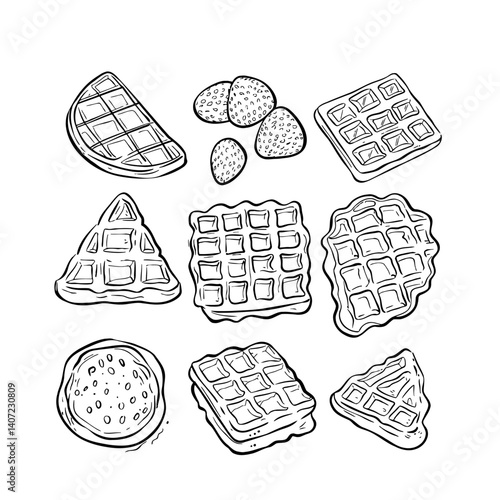 hand-drawn waffles in various shapes, including squares and triangles, along with some berries, showcasing a delightful assortment of treats