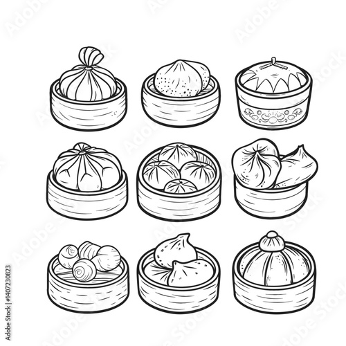 hand-drawn dim sum varieties in bamboo baskets, featuring an array of dumplings and buns, highlighting traditional Asian cuisine