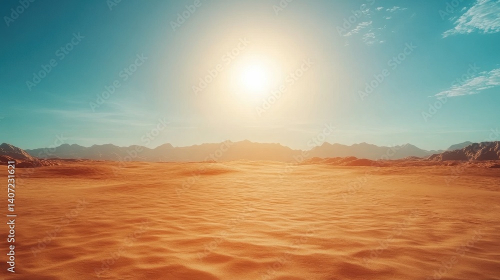 Obraz premium A minimalist desert landscape with endless dunes and a bright sun overhead 