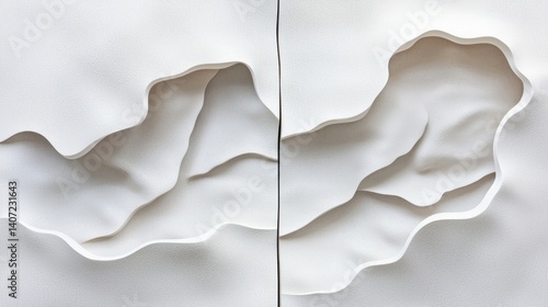 Abstract sculpted panels, textured white relief.  Intricate, flowing forms.  Evoking natural landscapes, caves, or folds in fabric