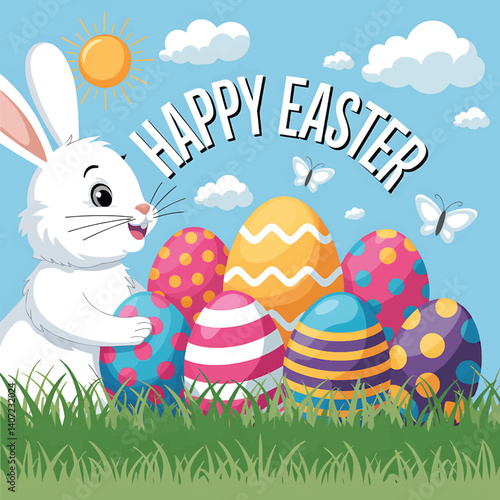 Happy Easter Vector Design with Bunny and Eggs in Sunny Field, Spring Graphic