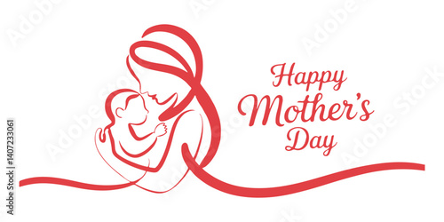 Red line art loving embrace illustration of mother and child for Happy Mother's Day.