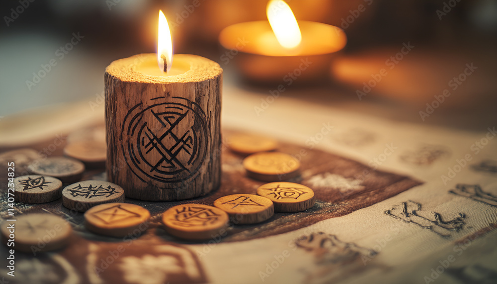 Fototapeta premium Wooden runes and burning candle on divination mat, close-up