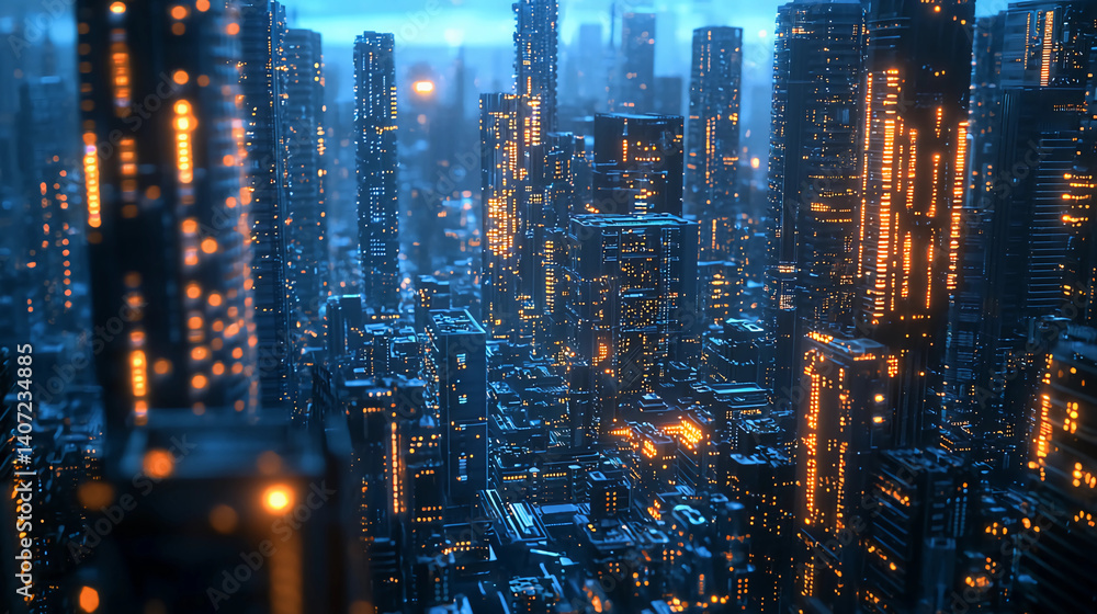 Fototapeta premium Lights of data servers in skyscraper blue circuit boards, modern infrastructure