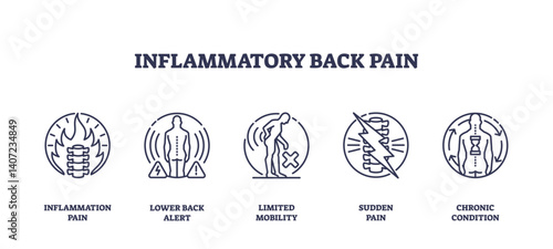Inflammatory back pain is depicted with icons showing spine inflammation, limited mobility, and sudden pain. Outline icons set.