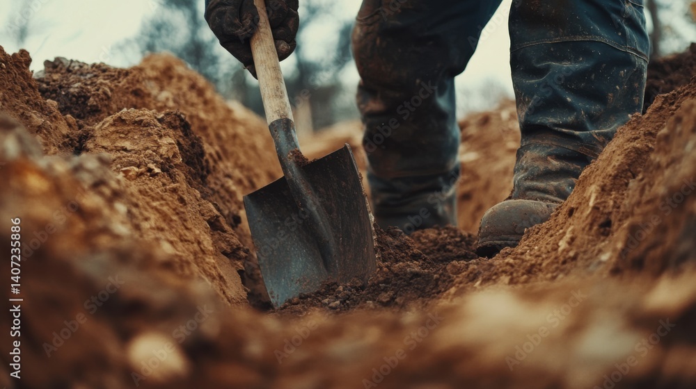 Fototapeta premium Construction worker digging a trench at a construction site. Featuring strength and precision